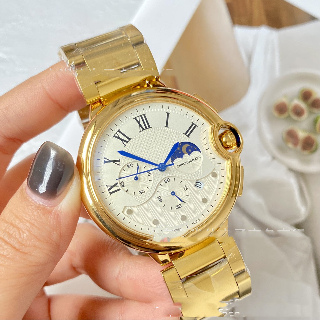 Simple Three-Hand Calendar Moon Phase Exquisite Design Watch