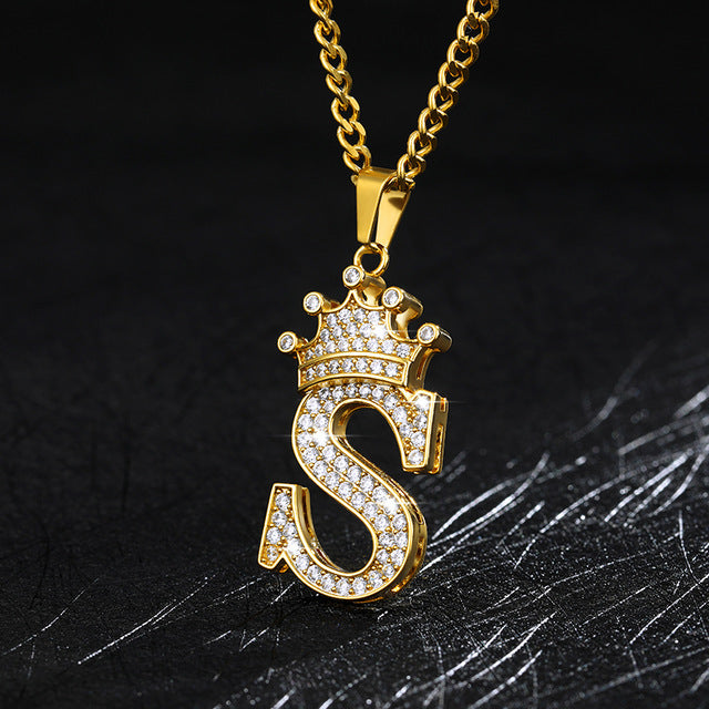 Crown Pendant Stainless Steel Letter Necklace