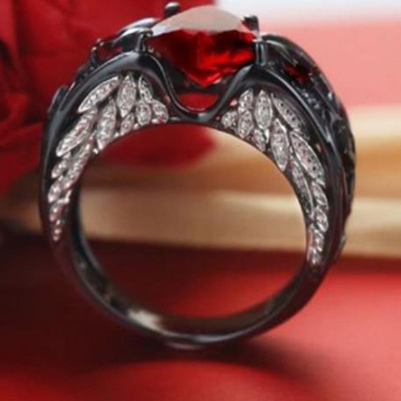 Creative Princess Diamond Ring Heart-Shaped Ruby Engagement Lady Black Gold Ring