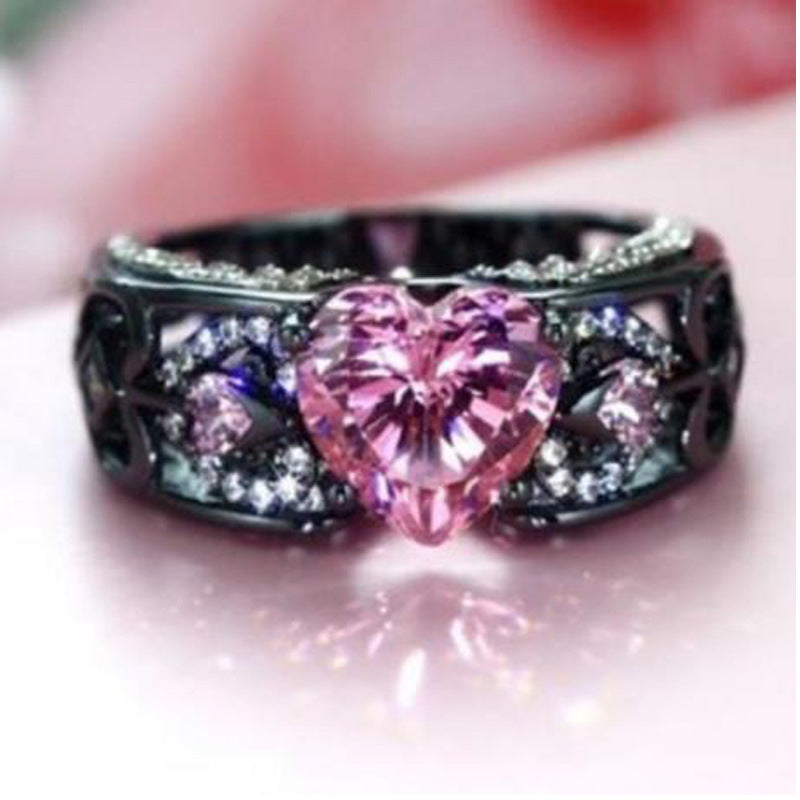 Creative Princess Diamond Ring Heart-Shaped Ruby Engagement Lady Black Gold Ring