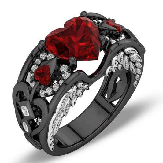 Creative Princess Diamond Ring Heart-Shaped Ruby Engagement Lady Black Gold Ring