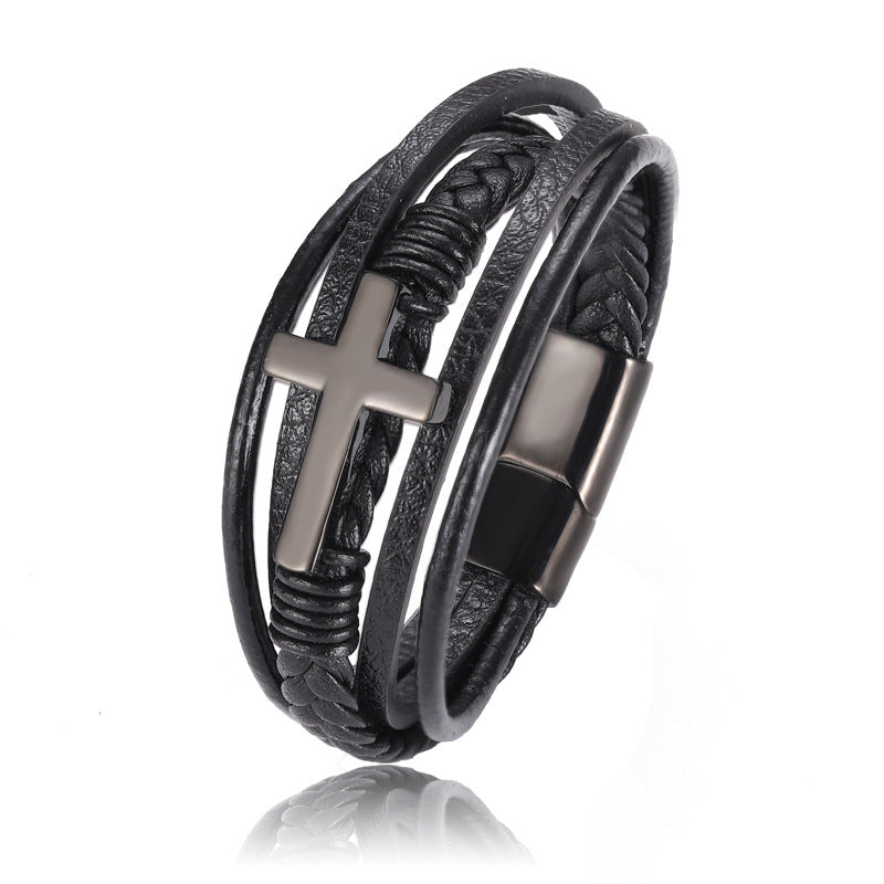 Multi-Layer Braided Stainless Steel Cross Men's Bracelet