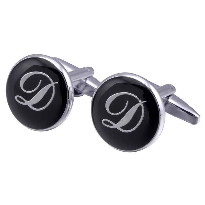 French Cufflinks Black Round Enamel Traditional Letter Cufflinks