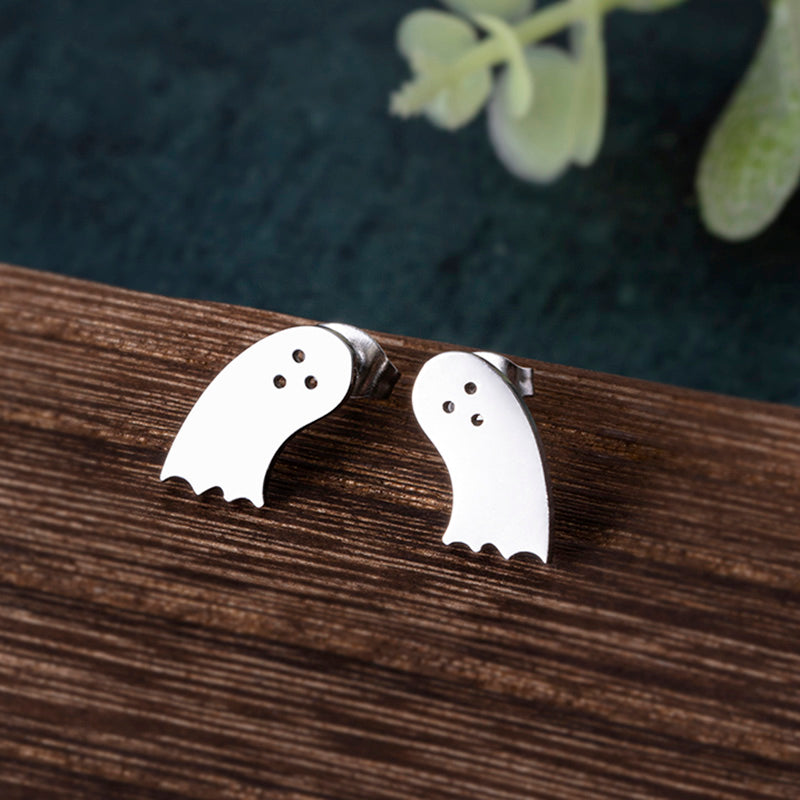 Funny Silver Ghost Stud Earrings