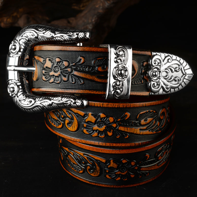 Carved Pin Buckle Leather Embossed Belt - Unisex, Durable, And Elegant