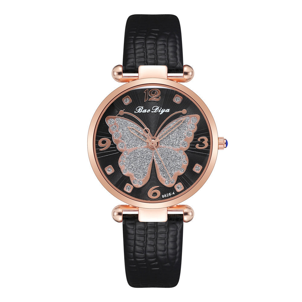 Glitter Butterfly Pattern Quartz Ladies Casual Belt Watch