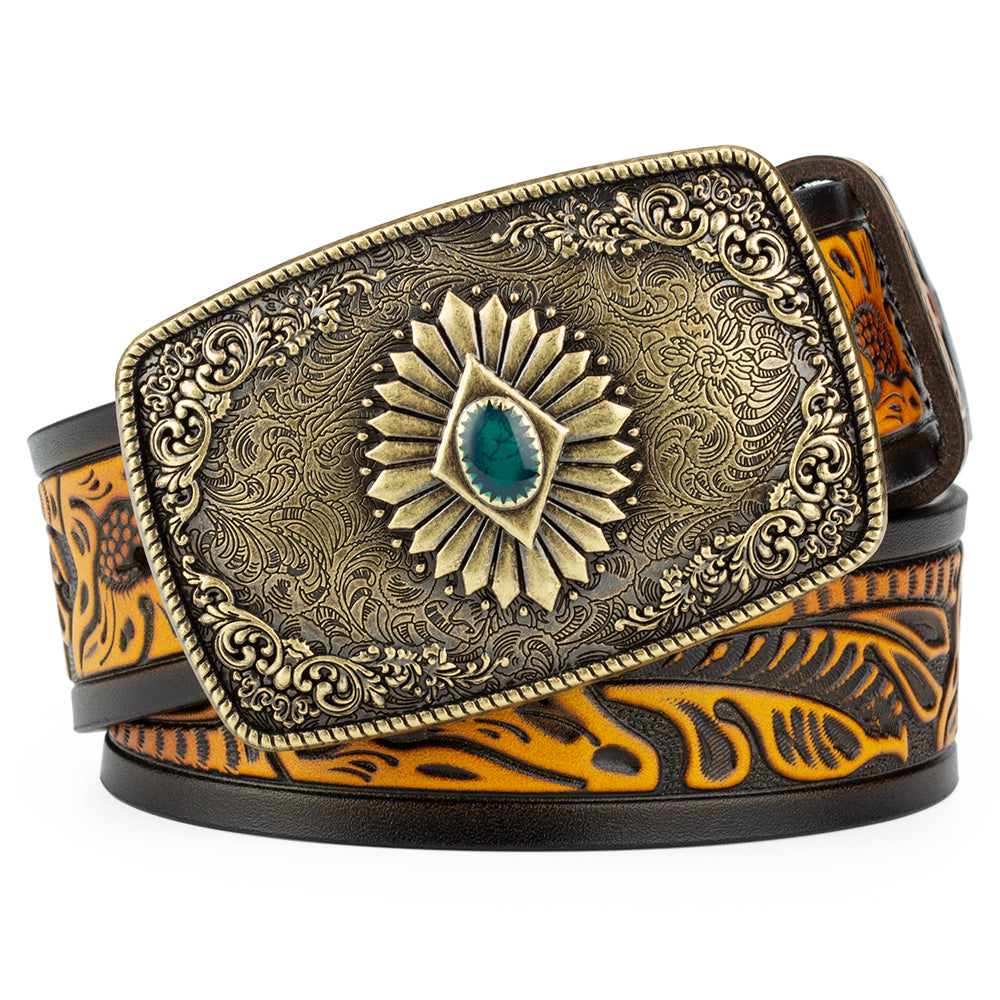 Bronze Pattern Buttoned Tang Grass Embossed Leather Belt