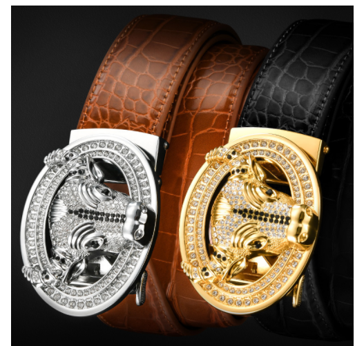 Automatic Buckle  Leather With Diamond-Studded  Pattern Bull Head Belt