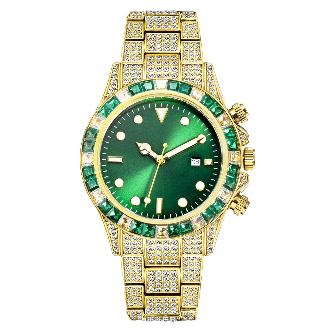 High-Grade Diamond-Encrusted Di Tone Full Diamond-Green Disk Sun Pattern Luminous Quartz Watch