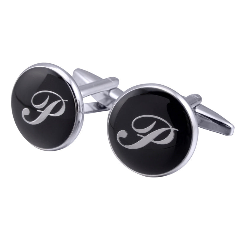 French Cufflinks Black Round Enamel Traditional Letter Cufflinks