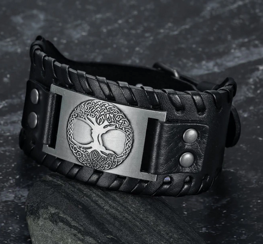 Asgard Crafted Leather Buckle Arm Cuff With Metal Celtic Tree Of Life Design