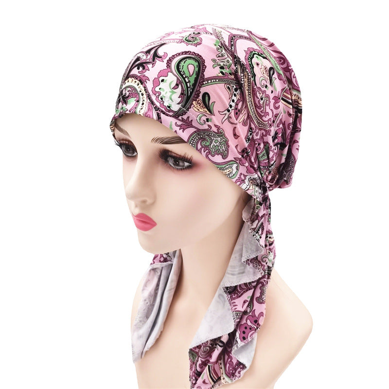 Pleated Cotton Scarf Long Tail Hat