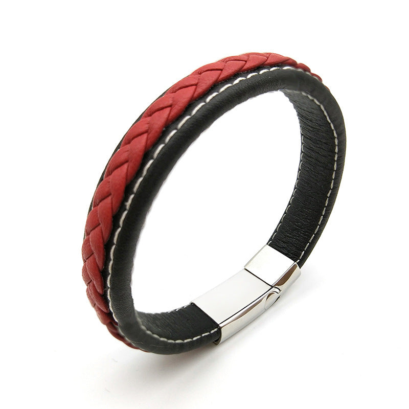 Cross Woven Design Leather Bracelet Stainless Steel Magnetic Buckle Bracelet