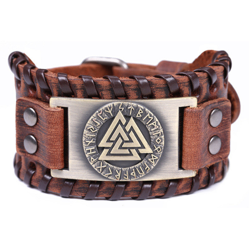 Nordic Vintage Viking Totem Leather Bracelet Odin Luenwen Men's Bracelet