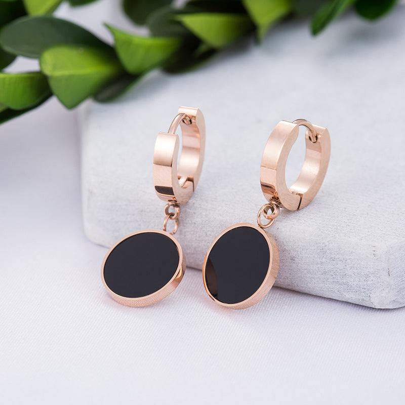 Simple Black Round Brand Titanium Steel Earrings