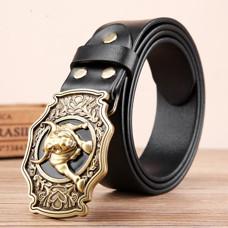 Cow Head Copper Buckle Belt Cowhide Smooth Buckle Belt