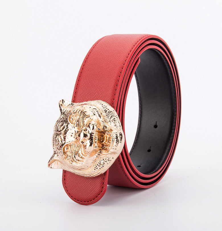 Tiger Head Buckle Leather Belt - Unisex, Durable, And Stylish