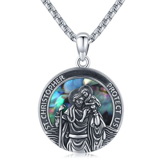 Sterling Silver Round Medal Saint Christopher Pendant Necklace As Catholic Christmas Gifts