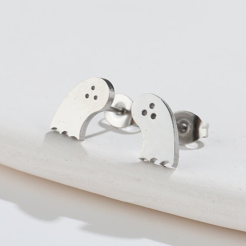 Funny Silver Ghost Stud Earrings