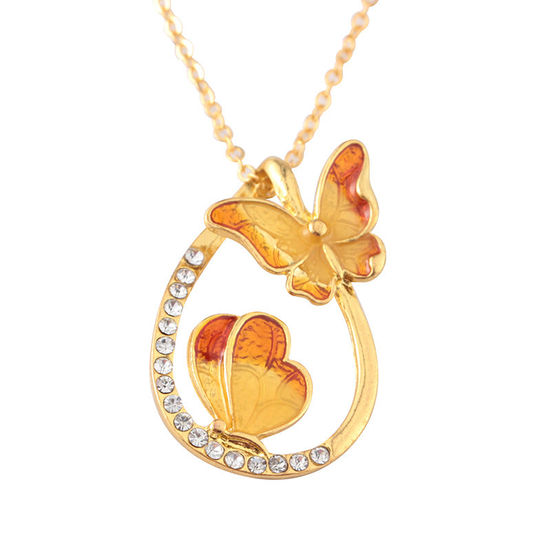 Colorful Butterfly Painting Oil Diamond Pendant Necklace