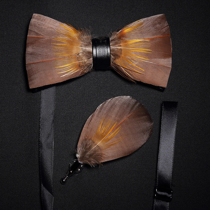 Fashion Feather Bow Tie Groomsman Brooch Collar Flower Pin