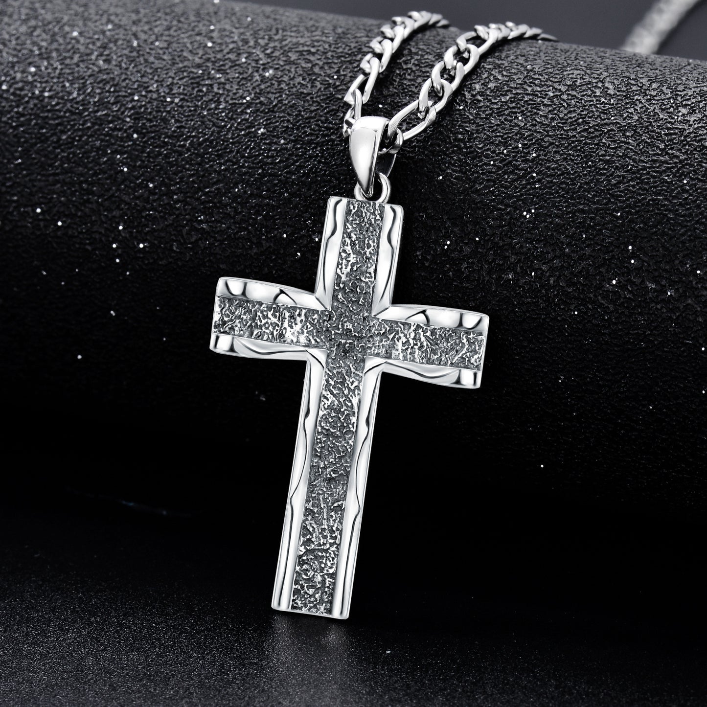 925 Sterling Silver Cross Pendant With Stainless Steel Figaro Chain Oxidized Cross Necklace Christian Jewelry