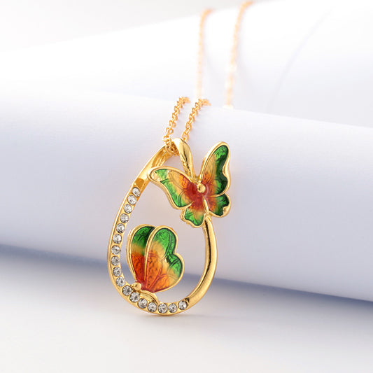 Colorful Butterfly Painting Oil Diamond Pendant Necklace