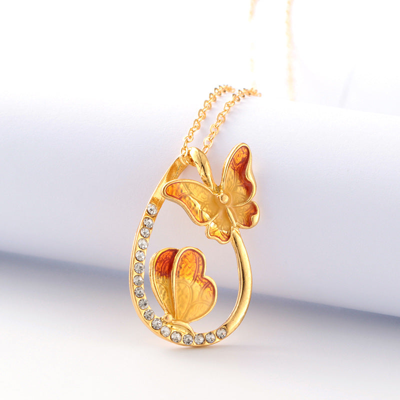 Colorful Butterfly Painting Oil Diamond Pendant Necklace