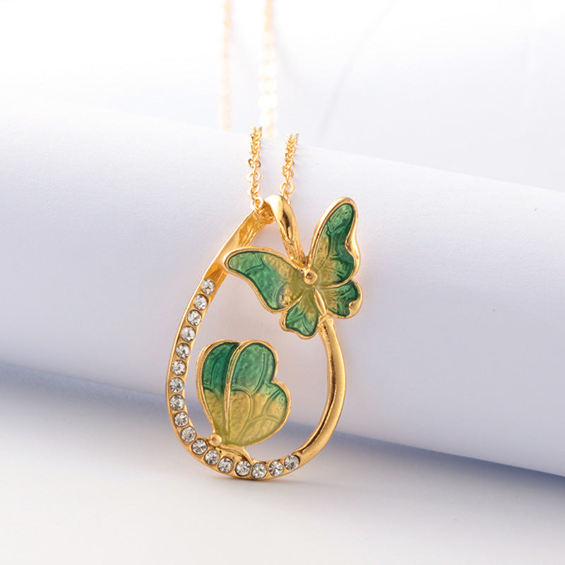 Colorful Butterfly Painting Oil Diamond Pendant Necklace