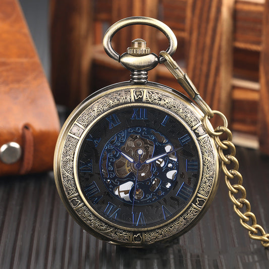 Classic Vintage Flip Magnifier Hollow Blue Shading Roman Digital Manual Mechanical Pocket Watch