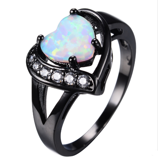 Female White Fire Opal Heart With Zircon Ring Black Gold Ring Promise Engagement Ring