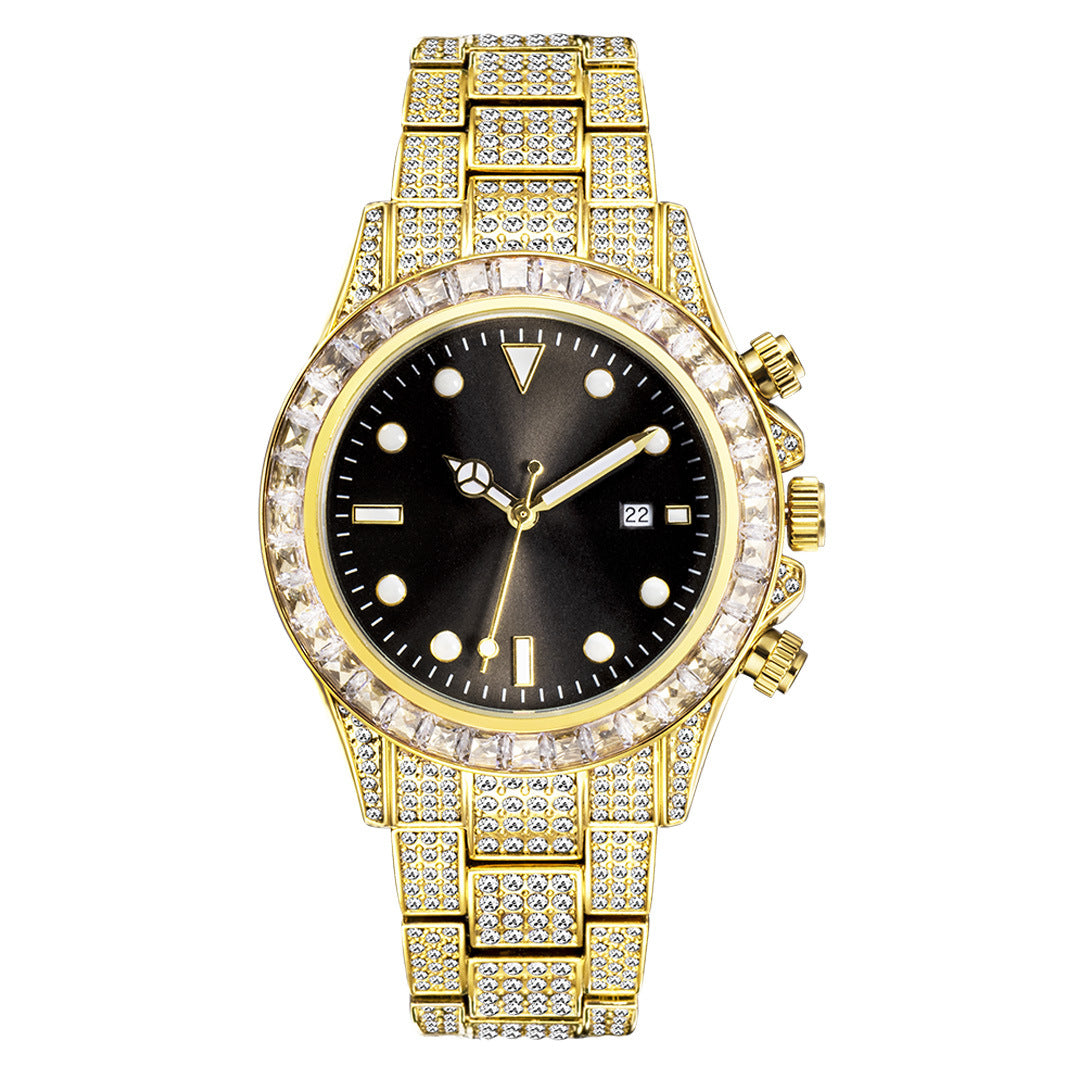 High-Grade Diamond-Encrusted Di Tone Full Diamond-Green Disk Sun Pattern Luminous Quartz Watch