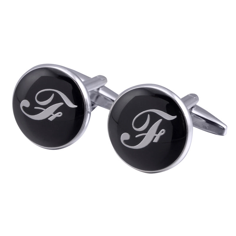 French Cufflinks Black Round Enamel Traditional Letter Cufflinks