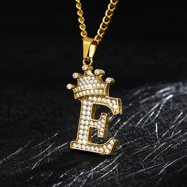 Crown Pendant Stainless Steel Letter Necklace