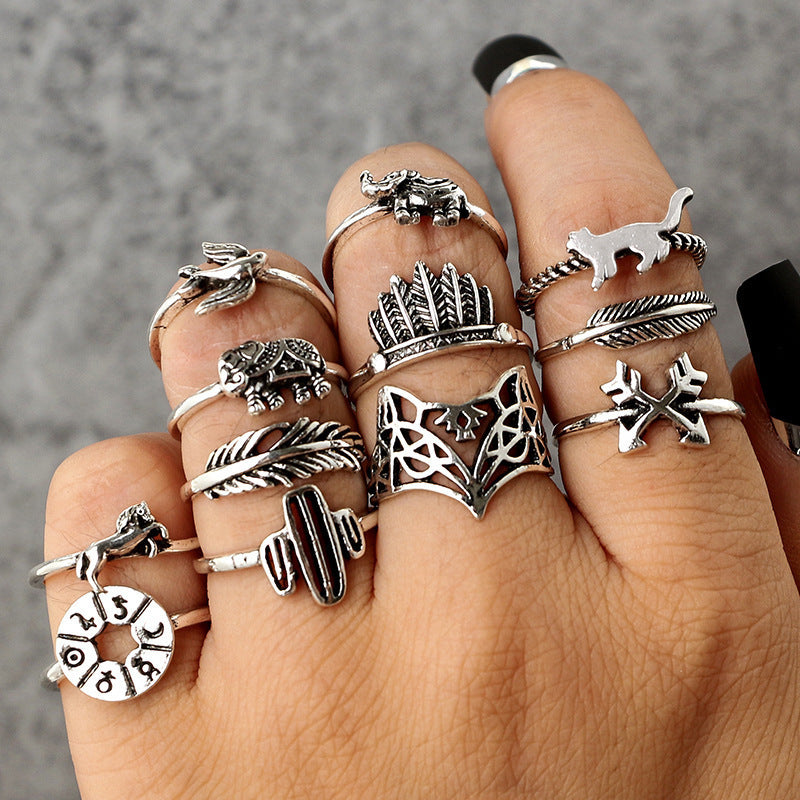 Retro Alloy Set Leaf Fox Elephant Ring 12-Piece Set