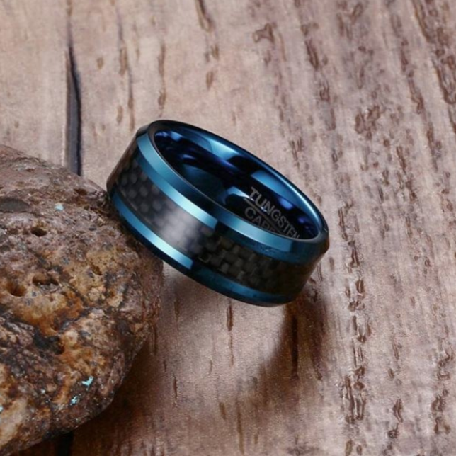 8MM Tungsten Steel + Carbon Fiber Ring Blue