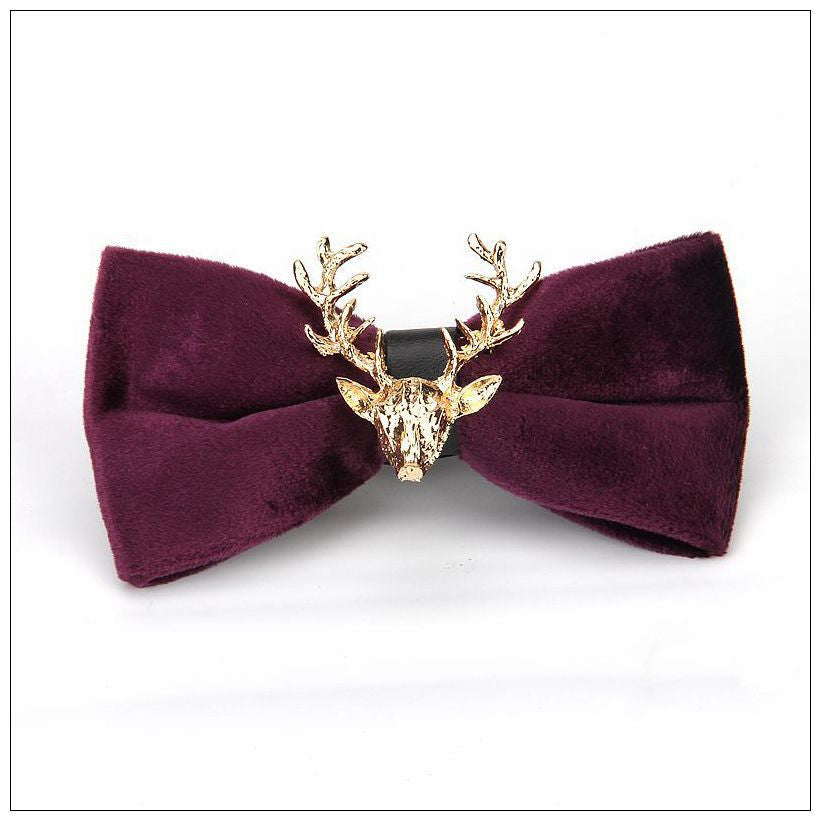 Gold Velvet Christmas Elk Head Wedding Bow Tie