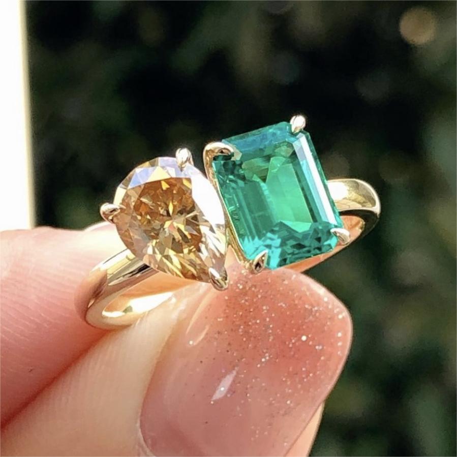 Fashion Jewelry | Creative Double Main Stone | Lady Green Yellow Zircon Square Stone Ring | Female Luxury Crystal Engagement Ring | Classic Gold Color Wedding Rings For Women | Minimalist Bands