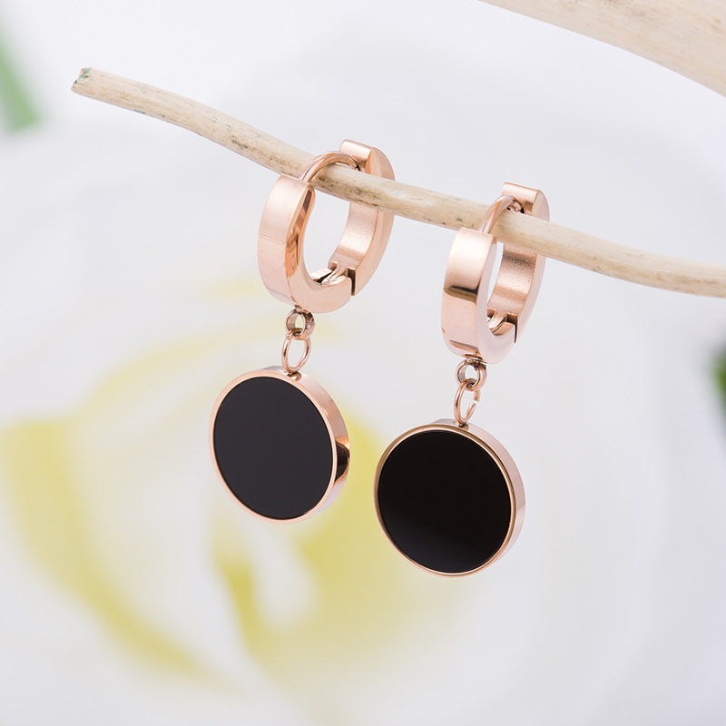 Simple Black Round Brand Titanium Steel Earrings