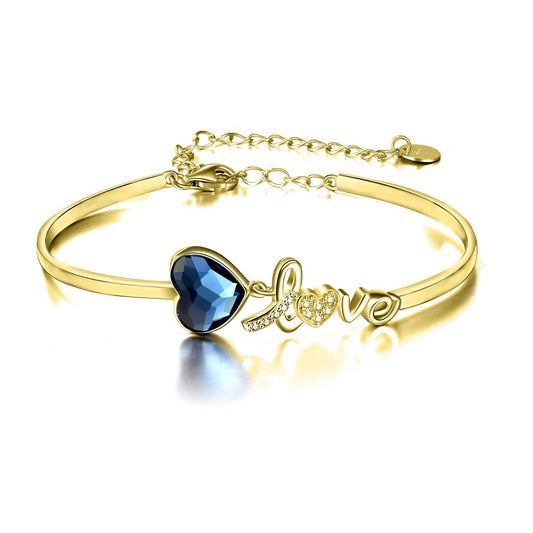 Blue Crystals From Austria Love Heart Bangle Bracelet In White Gold Plated Sterling Silver