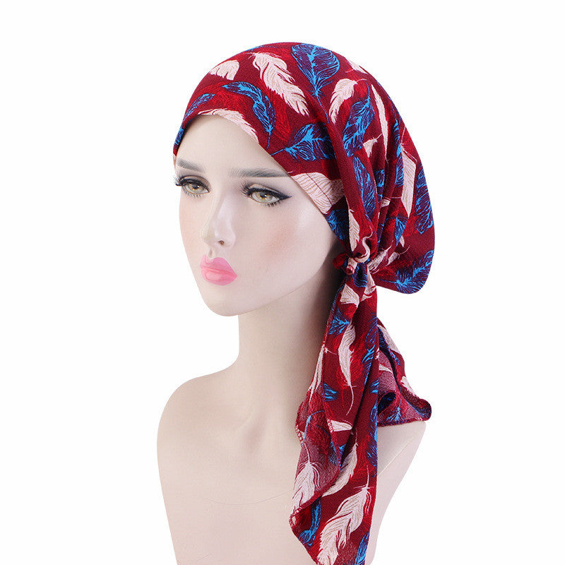 Pleated Cotton Scarf Long Tail Hat