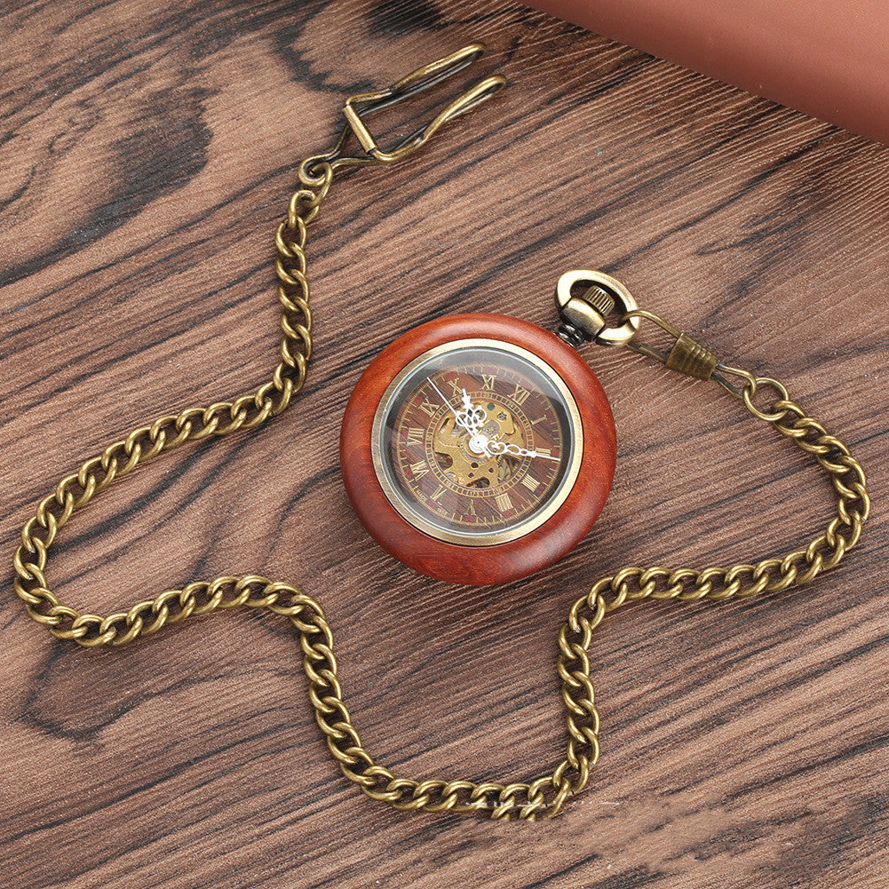 Mahogany Texture Dial Golden Roman Literal Automatic Mechanical Wooden Pocket Watch