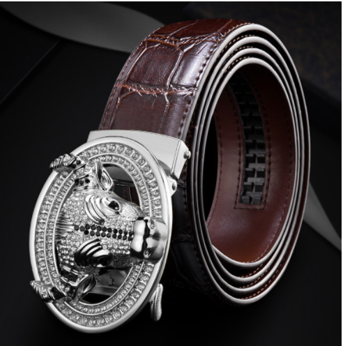 Automatic Buckle  Leather With Diamond-Studded  Pattern Bull Head Belt