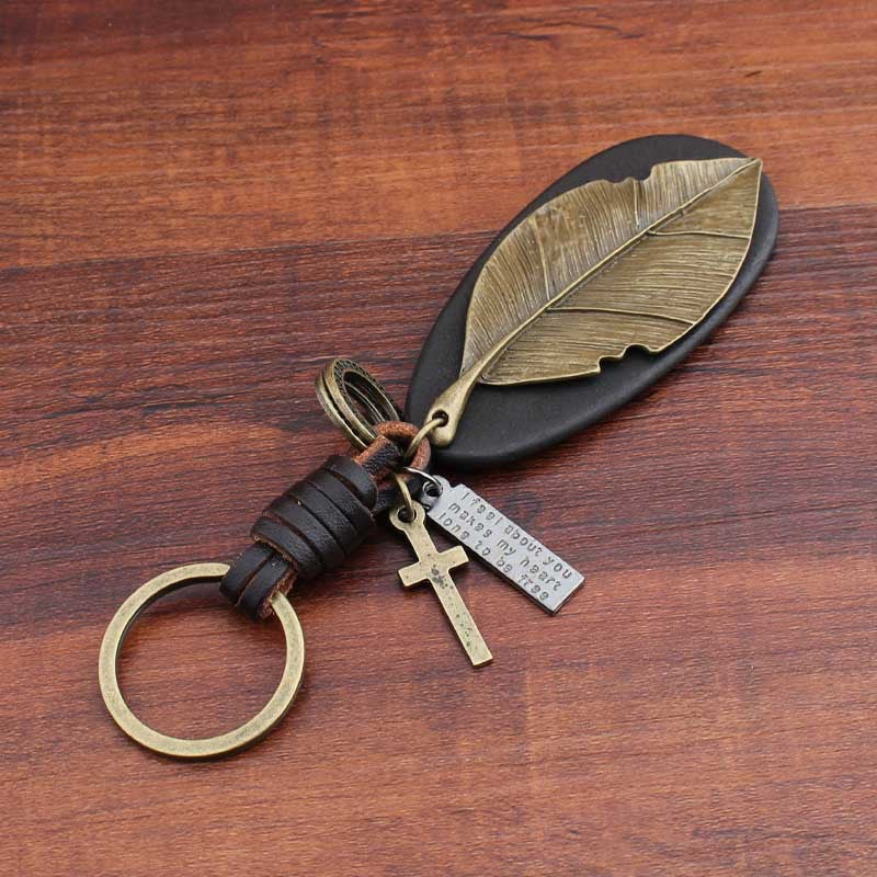 Pure Handmade Cowhide Leaf Keychain Retro Creative