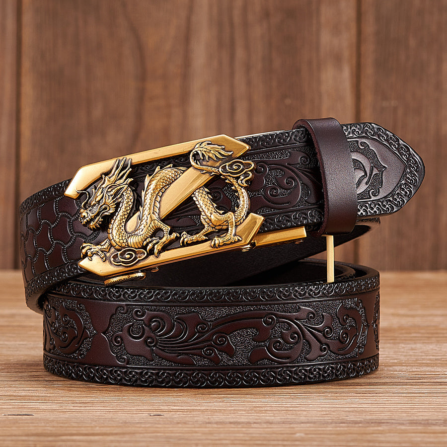 Men's Dragon Automatic Buckle Two-Layer Cow Leather Embossed Belt