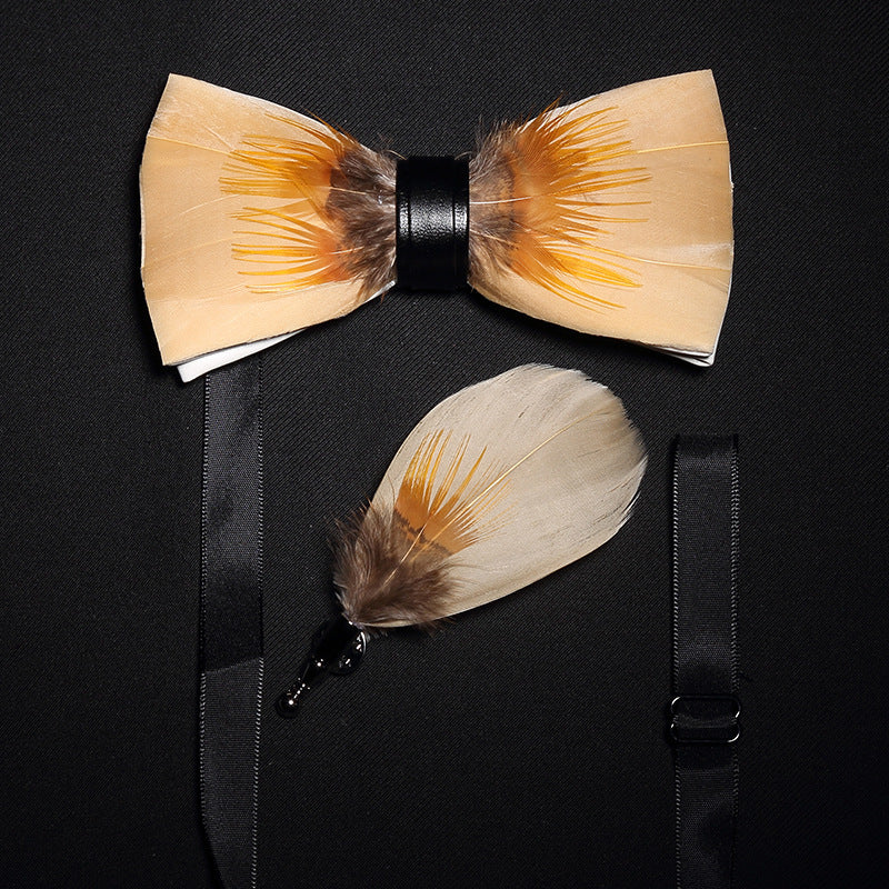 Fashion Feather Bow Tie Groomsman Brooch Collar Flower Pin