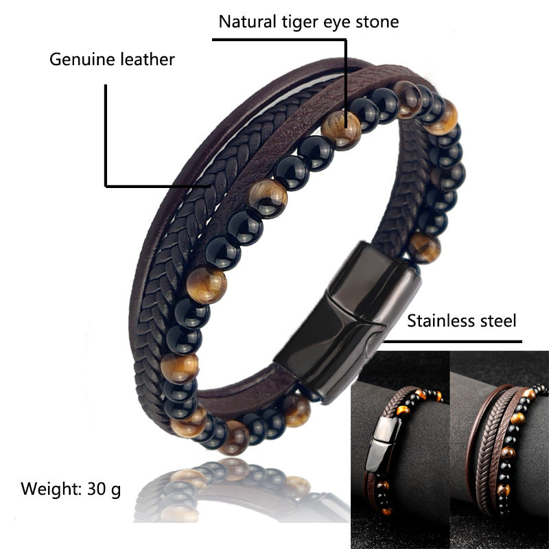 Men's Bead Leather Bracelet Tiger Eye Woven Leather Bead Bracelet