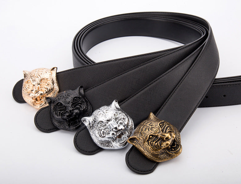 Tiger Head Buckle Leather Belt - Unisex, Durable, And Stylish