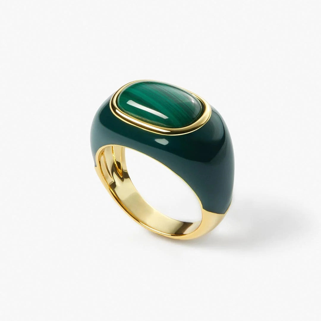 Advanced Copper Plating 18K Real Gold Natural Malachite White Shell Ring