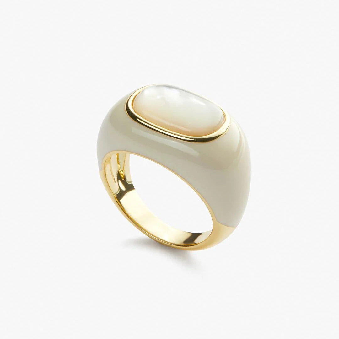 Advanced Copper Plating 18K Real Gold Natural Malachite White Shell Ring